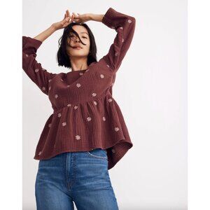 Madewell Embroidered Lightspun Peplum Open Back Top M Boho Feminine Floral